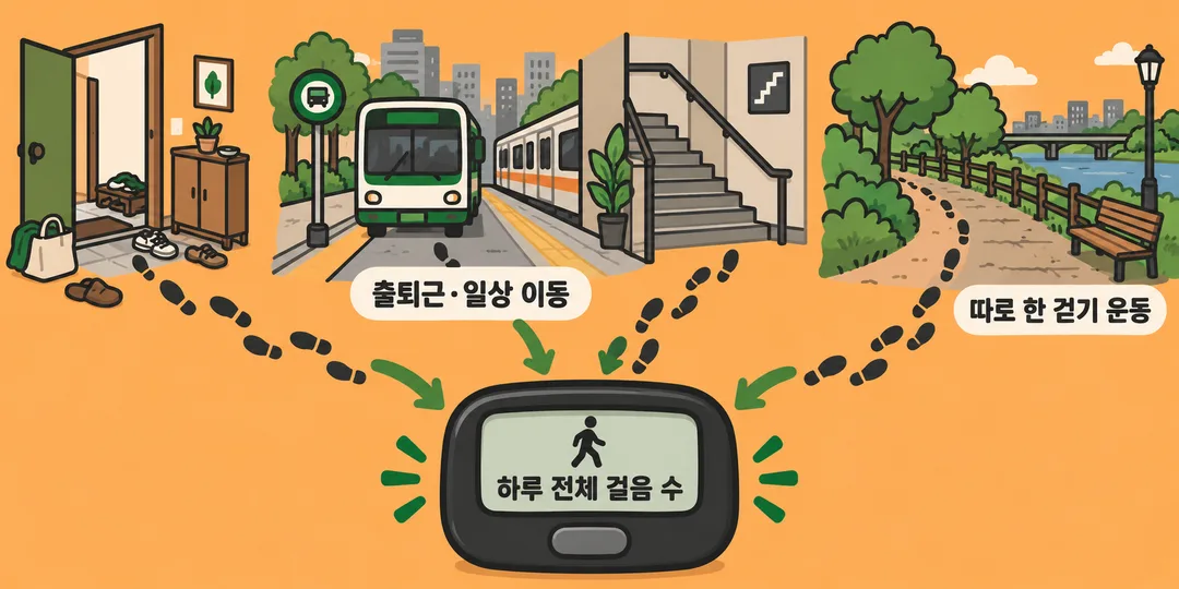 설명 그림. 출퇴근과 일상 이동, 따로 한 걷기 운동의 발자국이 하나의 하루 걸음 기록으로 모인다.