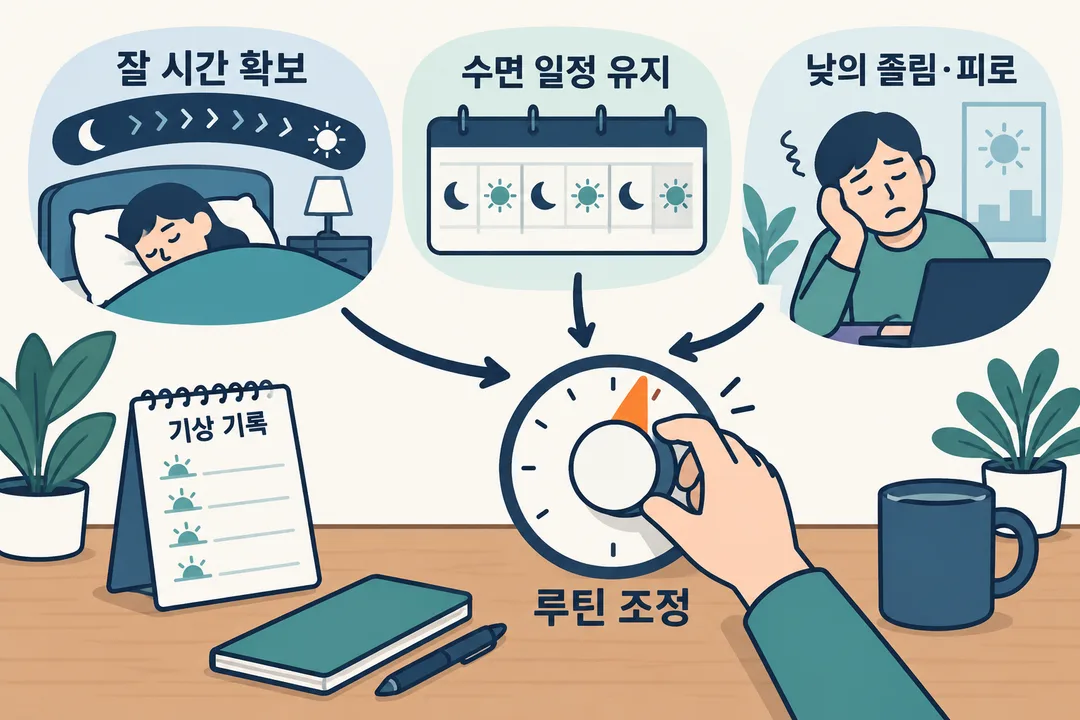 설명 그림. 기상 기록 하나에 기대지 않고 잘 시간 확보, 수면 일정 유지, 낮의 졸림·피로를 함께 살핀 뒤 아침 루틴을 조정하는 판단을 보여 준다.