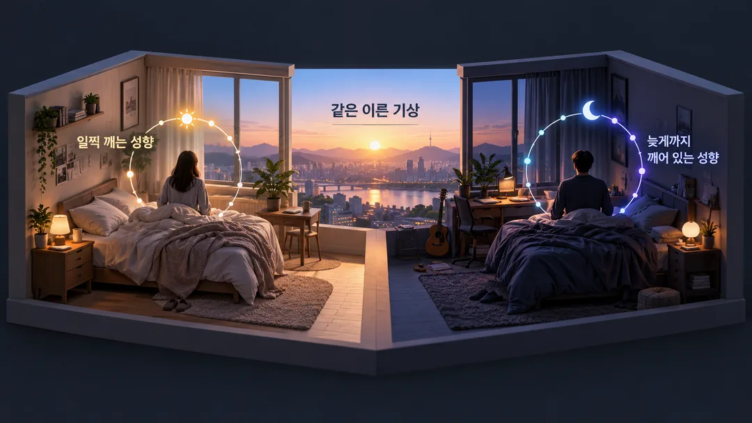 설명 장면. 같은 이른 기상을 마주한 가상의 두 사람이 서로 다른 수면·각성 성향을 지닐 수 있음을 보여 준다.