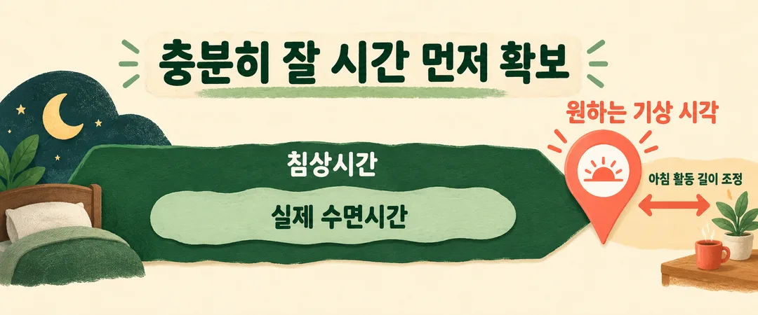 설명 그림. 원하는 기상 시각에서 거꾸로 충분히 잘 시간을 확보한 뒤 아침 활동 길이를 조정하는 순서와 침상시간·실제 수면시간의 차이를 보여 준다.