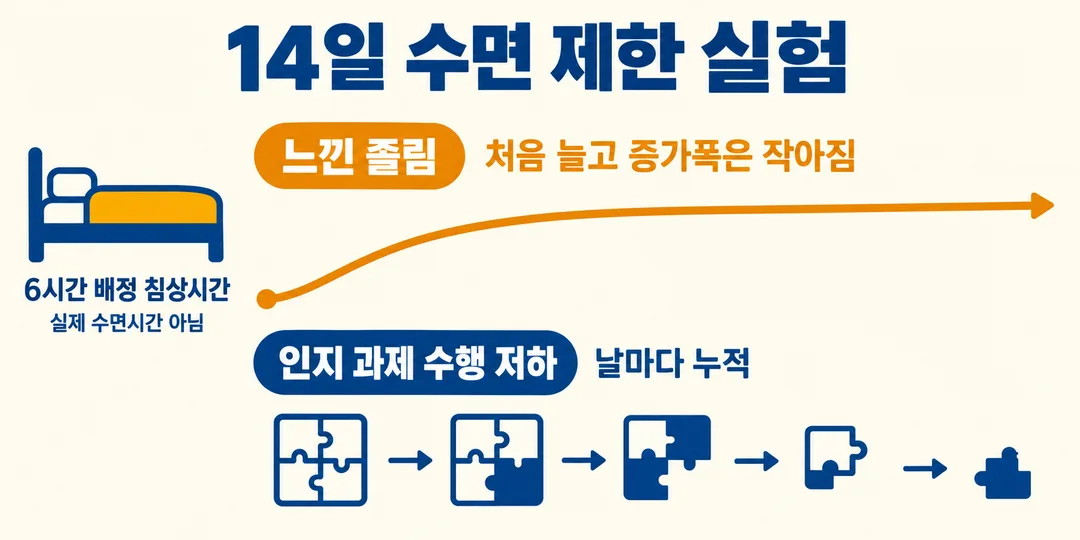 설명 그림. 14일 실험의 6시간 조건은 실제 수면시간이 아닌 배정 침상시간이며, 느낀 졸림의 증가폭은 작아진 반면 인지 과제 수행 저하는 누적됐음을 나란히 보여 준다.