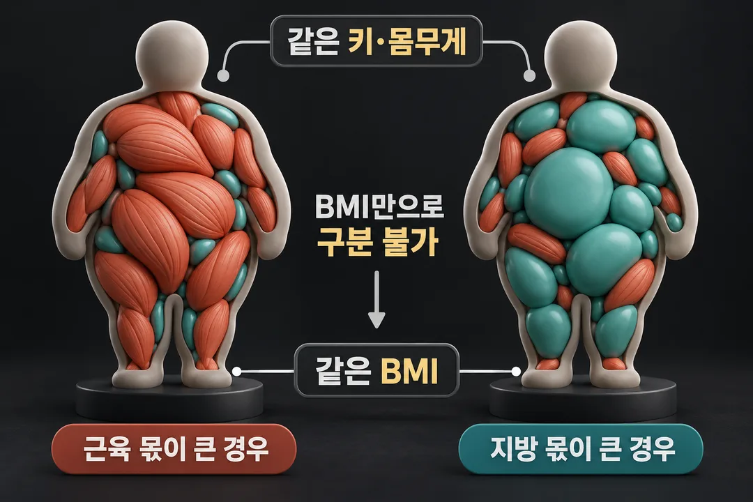 설명 그림. 같은 키와 몸무게, 같은 BMI를 가진 두 가상 사례에서 근육과 지방의 몫이 다를 수 있으나 BMI 결과로는 이를 구분할 수 없음을 나타낸다.