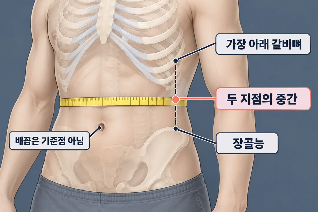 설명 도식. 몸통의 가장 아래 갈비뼈와 장골능을 표시하고 두 지점 사이 중간을 허리둘레 측정 위치로 가리킨다. 배꼽은 기준점으로 쓰지 않는다.