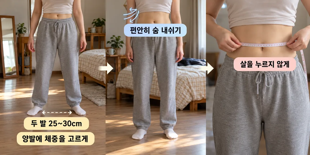 설명 그림. 가상의 사람이 두 발을 25~30cm 벌려 고르게 선 다음 편안히 숨을 내쉬고, 줄자가 살을 누르지 않게 허리둘레를 재는 순서.