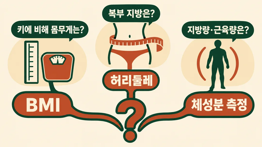 설명 그림. 키에 비한 몸무게 구간은 BMI, 복부 지방은 허리둘레, 지방량과 근육량의 구분은 별도의 체성분 측정으로 확인하는 세 갈래.