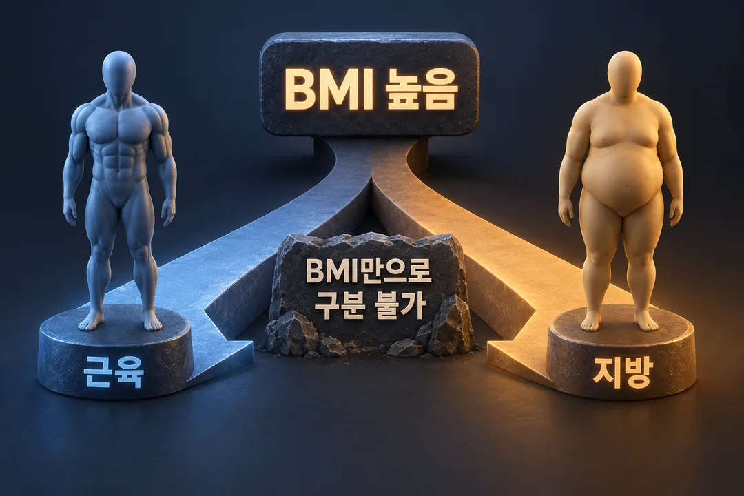 같은 높은 BMI 표시 아래 근육과 지방의 구성 가능성을 대비한 설명 도해.