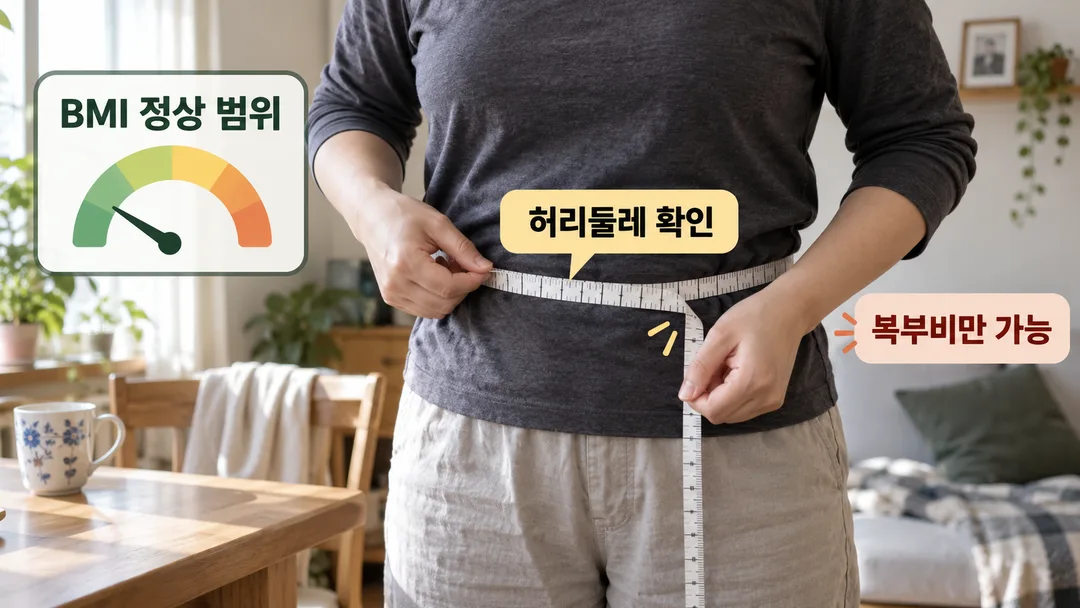 가상의 인물 몸통 옆에 정상 범위 BMI 표시와 별도의 허리둘레 측정을 보여 주는 설명 그림.