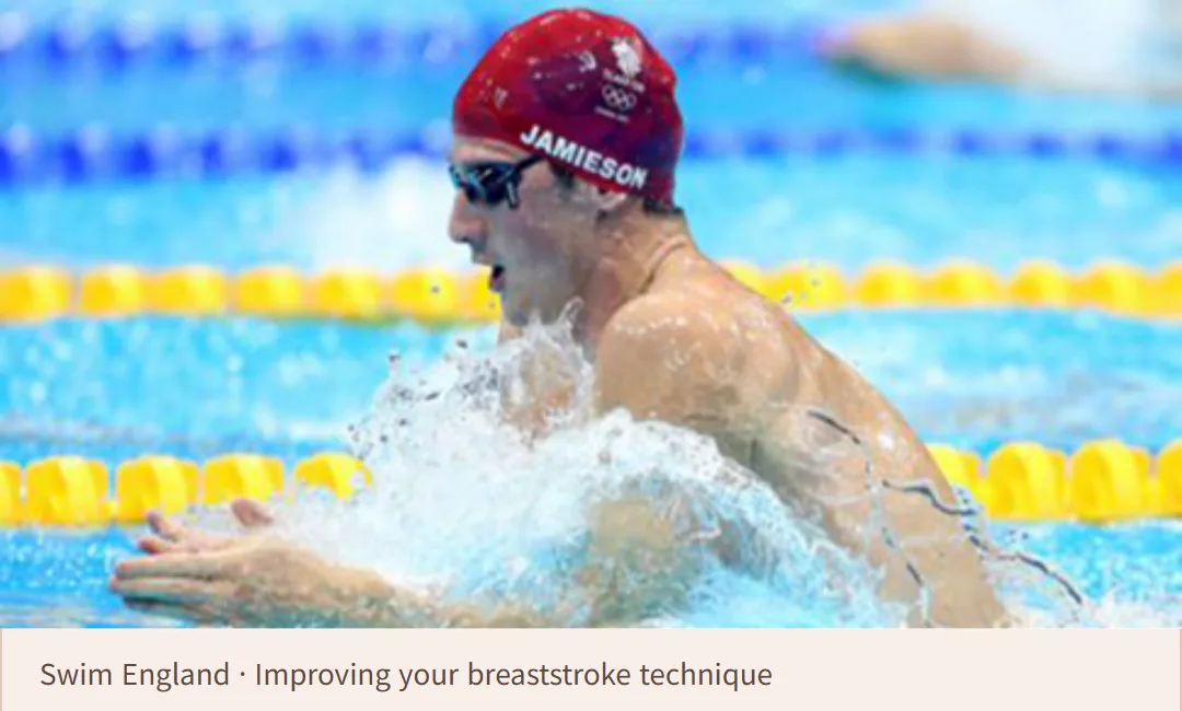 Swim England의 실제 평영 사진. 양손이 앞쪽에서 모이고 어깨와 얼굴이 물 밖으로 올라온 순간이다.