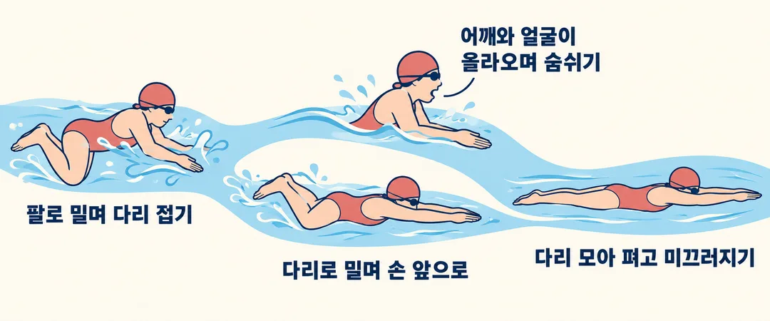 설명 그림. 평영의 팔로 밀며 다리를 접는 동작, 어깨와 얼굴이 올라오는 호흡, 다리로 밀며 손을 앞으로 보내는 동작, 다리를 모아 펴는 미끄러짐을 이어 보여 준다.