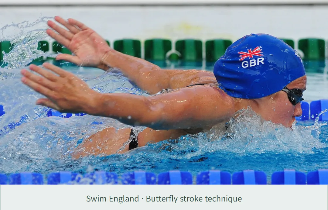 Swim England의 실제 접영 사진. 양팔이 함께 물 밖으로 나오고 얼굴과 어깨가 수면 가까이에 보인다.