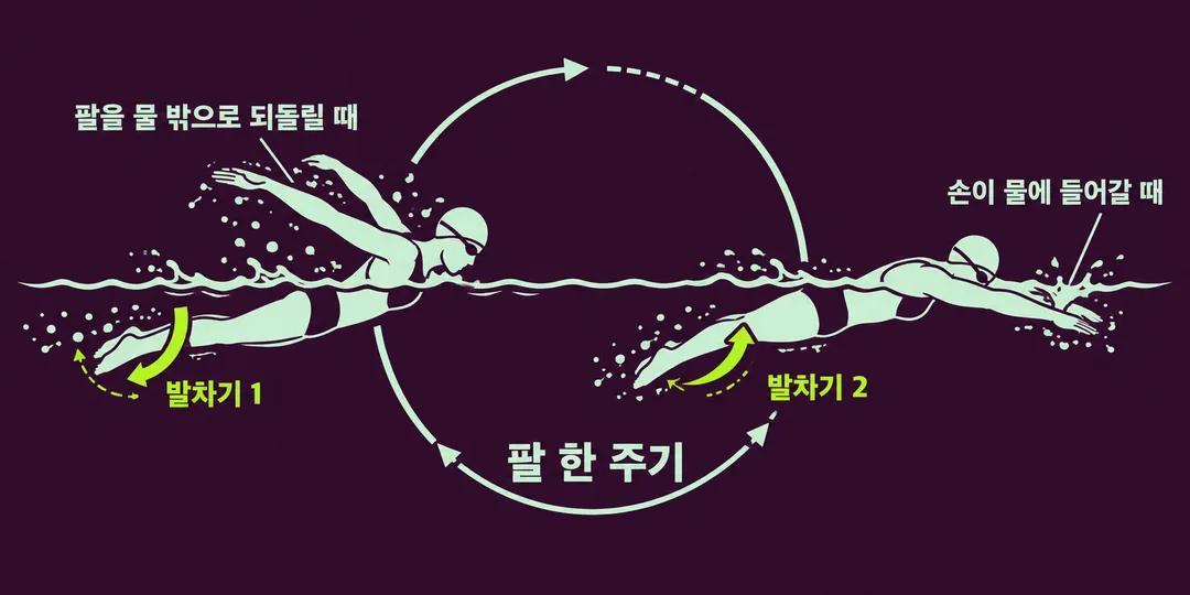 설명 그림. 접영의 팔 한 주기를 따라 팔을 물 밖으로 되돌릴 때와 손이 물에 들어갈 때 각각 발차기가 맞물림을 보여 준다.