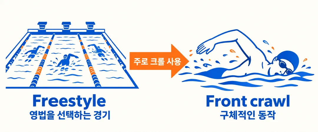 설명 그림. Freestyle은 영법을 선택하는 경기이고 Front crawl은 그 경기에서 주로 쓰이는 구체적인 동작임을 연결한다.