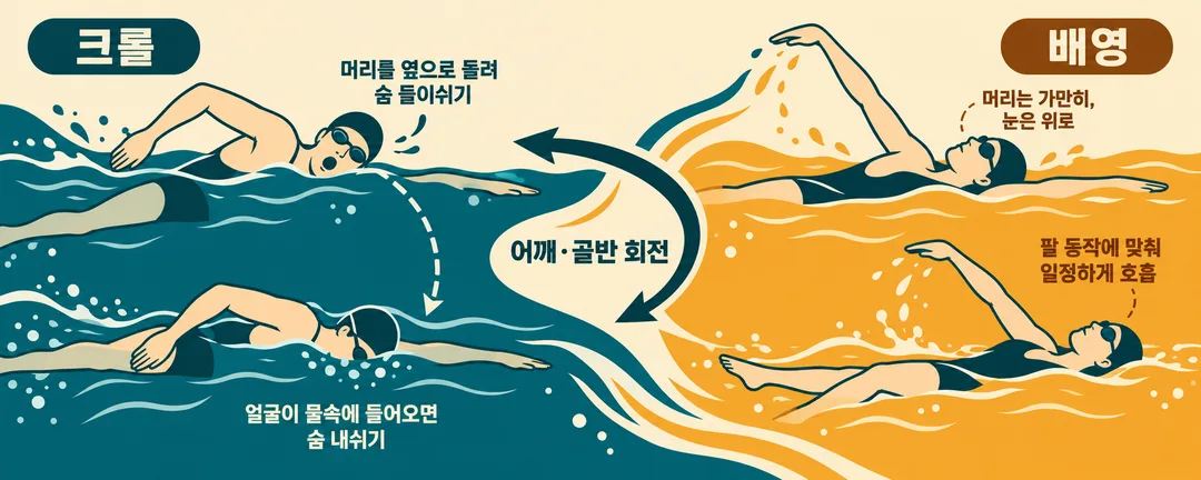 설명 그림. 크롤과 배영의 어깨·골반 회전은 공통으로 표시하고, 크롤의 옆으로 돌린 호흡과 배영의 위를 향한 머리·일정한 호흡을 나란히 비교한다.