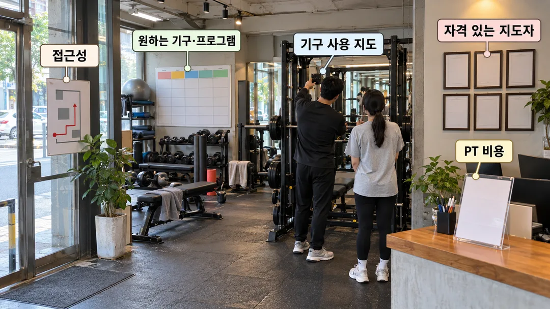 설명 그림. 가상의 헬스장을 둘러보며 접근성, 원하는 기구와 프로그램, 사용 지도, 지도자 자격, PT 비용을 확인하는 장면.