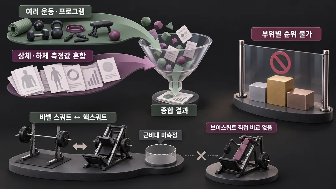 설명 그림. 여러 운동과 상체·하체 측정값이 종합 결과로 모이지만, 바벨 스쿼트와 핵스쿼트 비교에는 근비대 측정이 없고 브이스쿼트 직접 비교도 없어 부위별 순위를 낼 수 없음을 보여 준다.