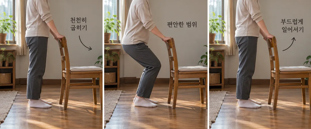 설명 그림. 같은 가상의 인물이 안정된 의자 등받이를 잡고 선 자세에서 편안한 범위만큼 천천히 굽혔다가 부드럽게 일어서는 흐름을 보여 준다.