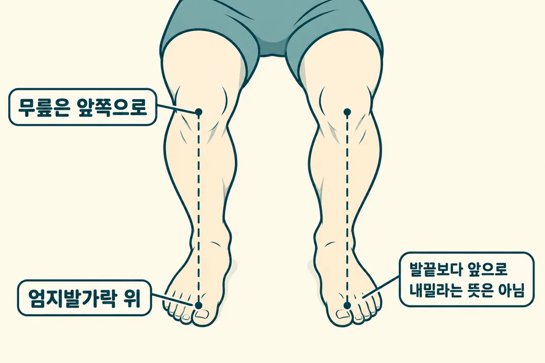 설명 그림. 앞에서 본 다리와 발에 방향선을 겹쳐 무릎이 앞쪽을 향하고 엄지발가락 위에 놓이는 관계를 보여 준다. 발끝보다 앞으로 내밀라는 지시는 아니라는 문구가 있다.
