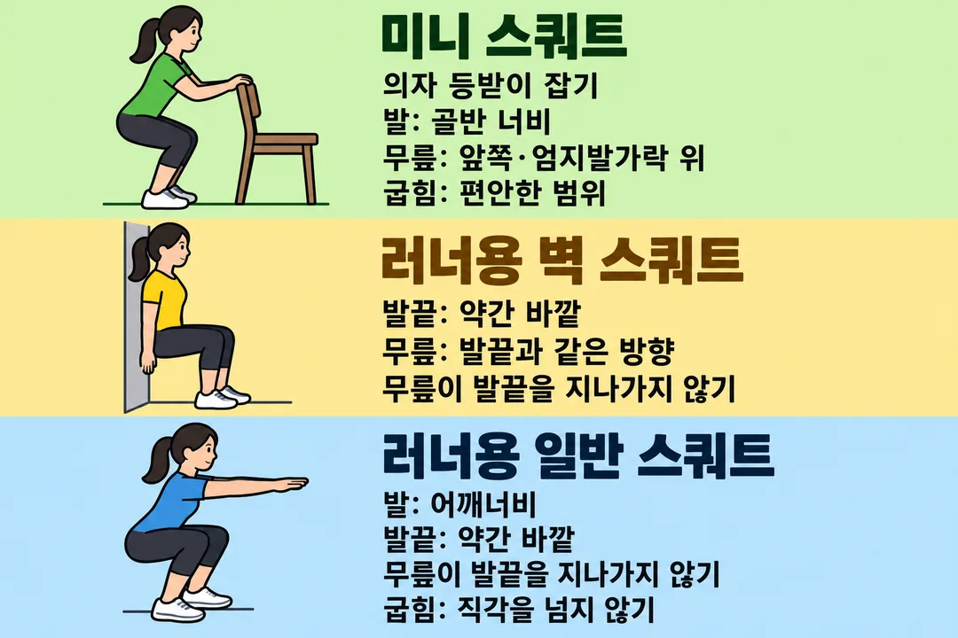 비교 그림. NHS의 미니 스쿼트, 러너용 벽 스쿼트, 러너용 일반 스쿼트를 각각 다른 줄에 놓고 원고에 나온 발 위치, 무릎 방향, 발끝 제한과 굽힘 조건을 동작별로 보여 준다.
