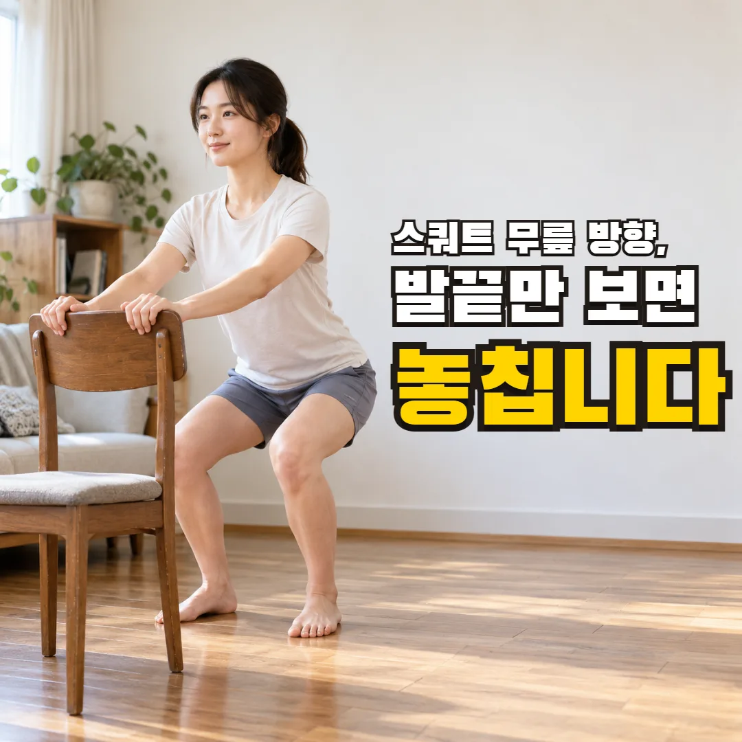 스쿼트 무릎 방향, 발끝만 보면 놓칩니다 — 튼튼한 의자를 잡고 얕게 무릎을 굽히는 사람