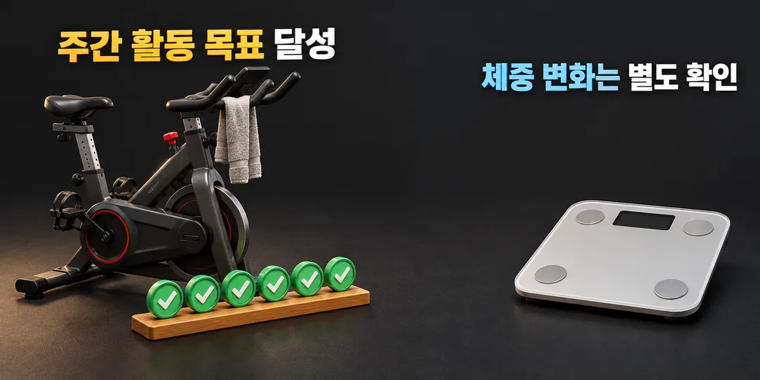 설명 그림. 실내자전거의 주간 활동 목표가 완료되어도 체중 변화는 별도로 확인해야 한다는 차이를 보여 준다.