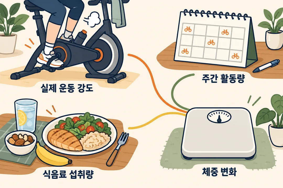 설명 그림. 실내자전거 운동의 실제 강도와 일주일 활동량, 식음료 섭취량을 체중 변화와 함께 살피는 세 갈래 관계를 보여 준다. 어느 한 조건만으로 원인을 단정하지 않는다.