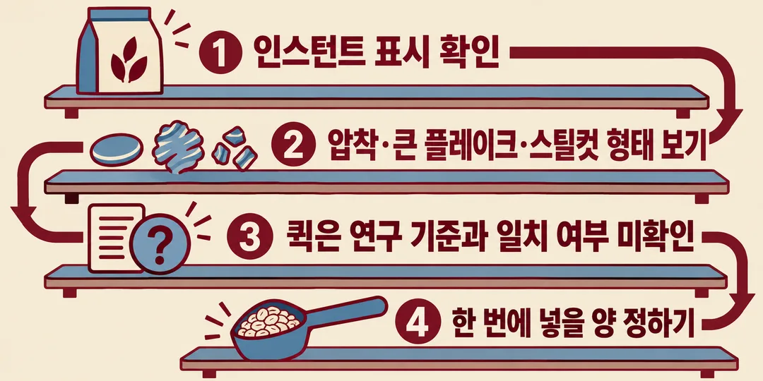 구매 순서 그림. 인스턴트 표시를 확인하고, 압착·큰 플레이크·스틸컷 형태를 본 뒤, 퀵 제품의 연구 기준 일치 여부는 미확인임을 기억하고, 마지막으로 넣을 양을 정한다.