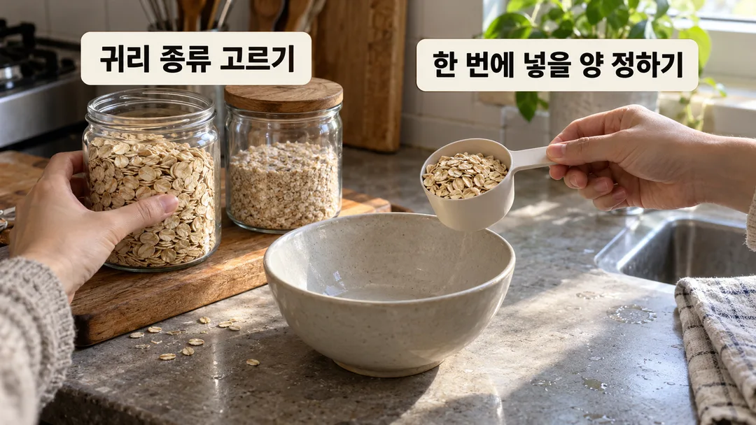부엌 장면. 한쪽에서는 귀리 종류를 고르고 다른 쪽에서는 계량 숟가락으로 한 번에 넣을 양을 정한다. 체중 감소 결과를 나타내지 않는다.