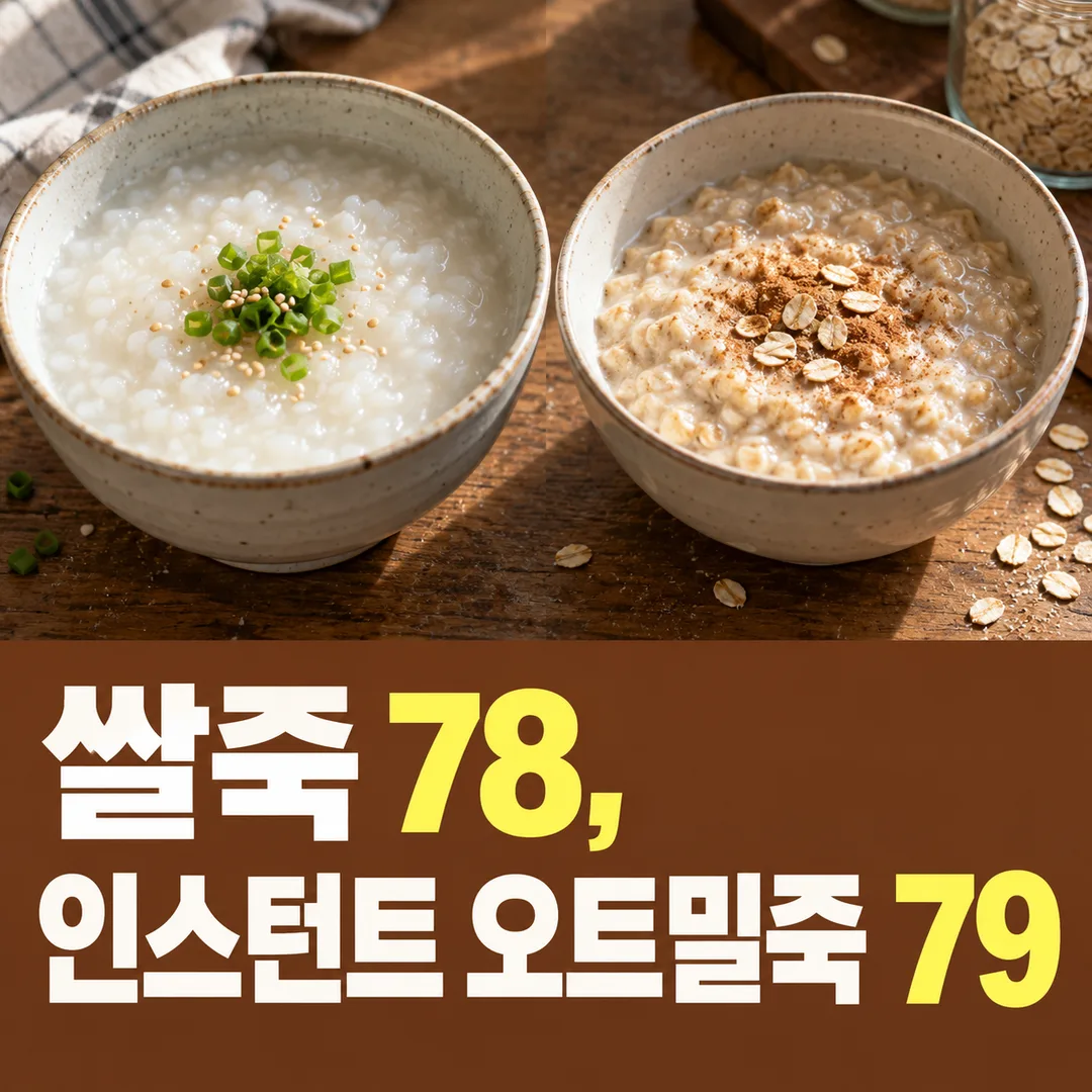 두 죽 그릇 옆에 ‘쌀죽 78, 인스턴트 오트밀죽 79’가 크게 놓인 썸네일. 수치는 닭죽이 아닌 곡물 죽의 혈당지수다.