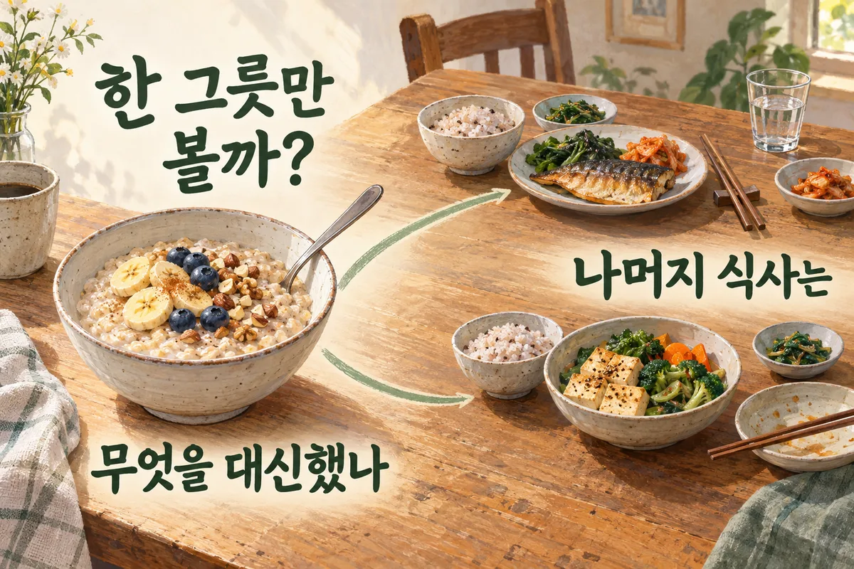 오트밀 그릇과 다른 두 끼 식사를 연결하고 무엇을 대신했는지와 나머지 식사를 묻는 설명 그림. 연구 제공 식단이나 섭취량 처방이 아니다.