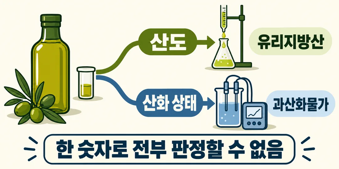 설명 그림. 올리브오일 병에서 두 갈래의 검사 경로가 나뉘어 산도는 유리지방산, 산화 상태는 과산화물가로 살핀다는 관계를 보여준다.
