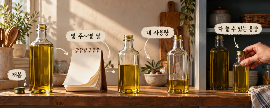 설명 그림. 개봉한 올리브오일 병의 사용량이 시간의 흐름과 함께 줄어드는 모습을 보여주며, 몇 주에서 몇 달 안에 다 쓸 수 있는 용량을 고르도록 돕는다.