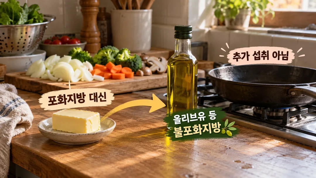 설명 그림. 같은 식사의 조리 지방 자리에서 포화지방 공급원이 빠지고 올리브유 등 불포화지방 공급원이 들어오는 대체 관계를 보여준다. 오일을 추가로 마시는 장면은 없다.
