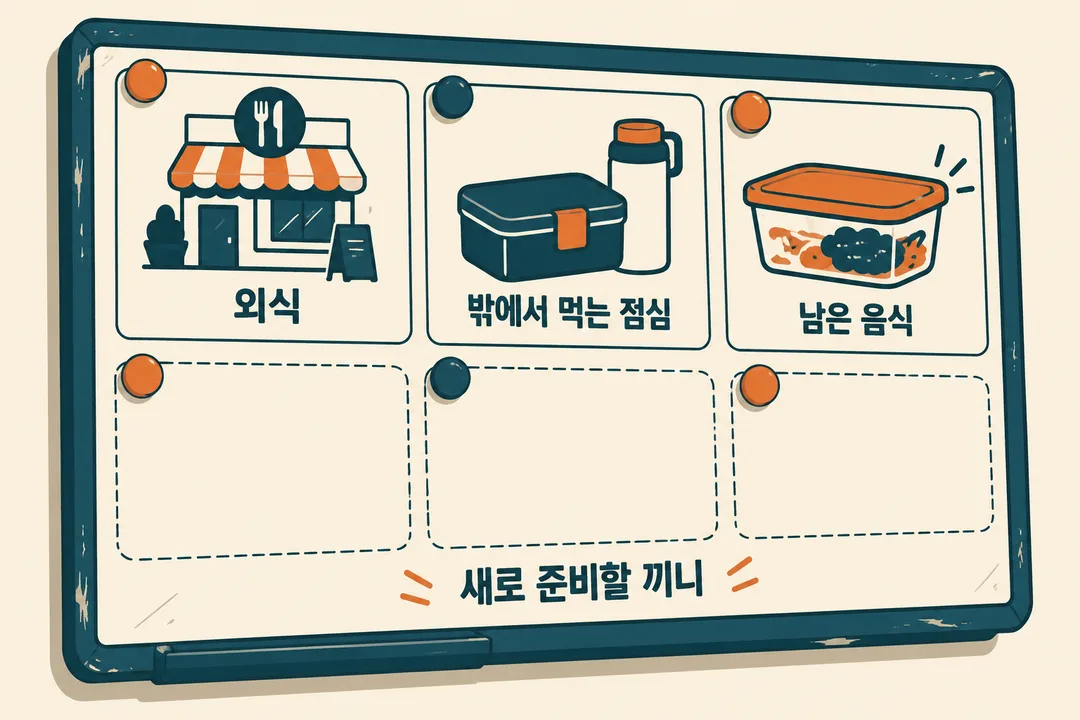 설명 그림. 주간 식사 계획에서 외식·밖에서 먹는 점심·남은 음식으로 해결할 칸을 먼저 표시하고 새로 준비할 칸을 구분한다.