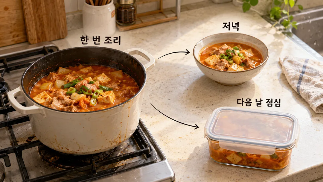 설명 그림. 한 번 조리한 찌개를 저녁에 먹고 남은 분량을 다음 날 점심에 쓰는 흐름을 보여 준다.