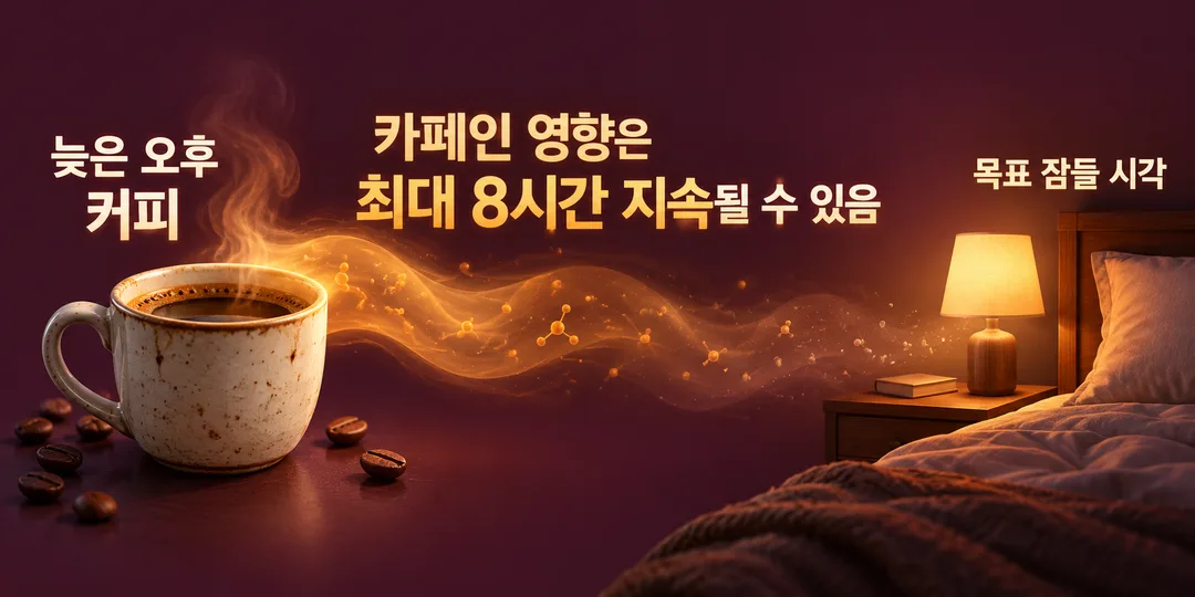 늦은 오후 커피의 카페인 영향이 목표 잠들 시각까지 이어질 수 있음을 표현한 도해. 8시간을 확정된 종료 시각으로 그리지 않았다.