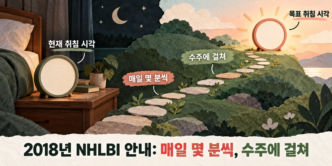 현재 취침 시각에서 목표 취침 시각까지 조금씩 이동하는 과정을 그린 도해. 하루 조정 분수와 완료일은 표시하지 않았다.