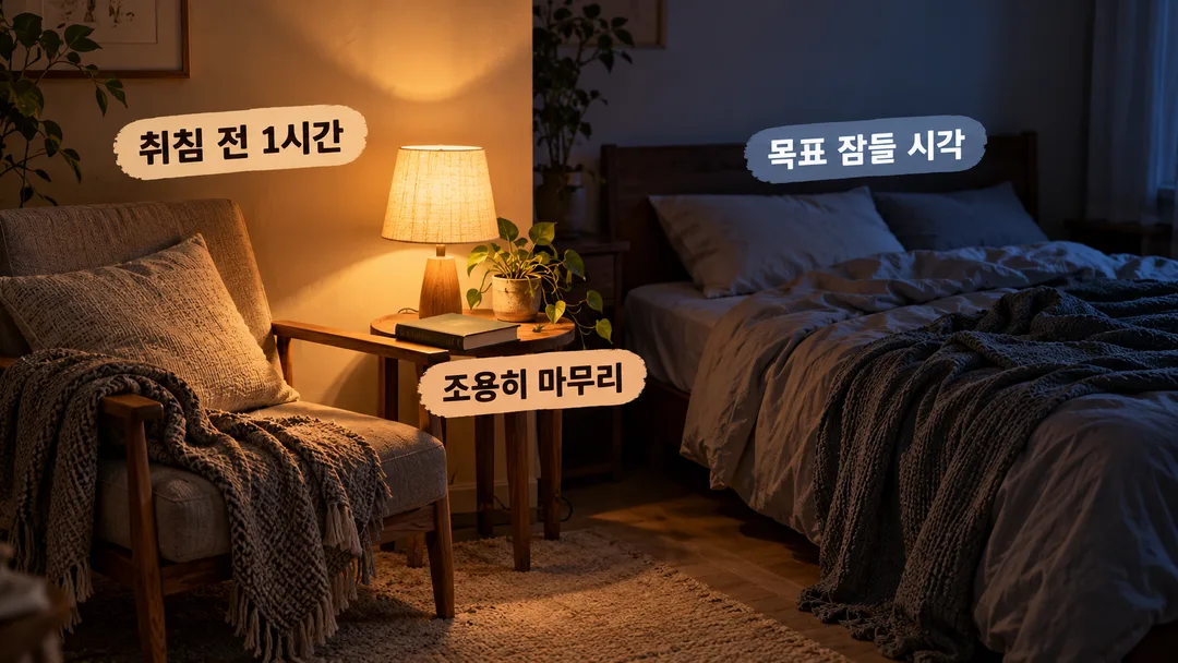 조용한 저녁 한 시간이 목표 잠들 시각으로 이어지는 가정의 장면을 그린 설명 그림.