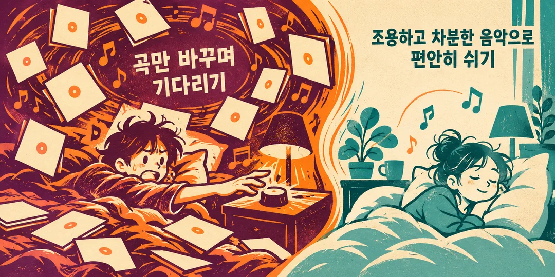 장면. 가상의 사람이 끝없이 곡을 바꾸며 깨어 있는 모습이 과장되어 있고, 곁에는 조용하고 차분한 음악을 들으며 쉬는 선택이 대비된다. 특정 곡의 수면 효과를 뜻하지 않는다.