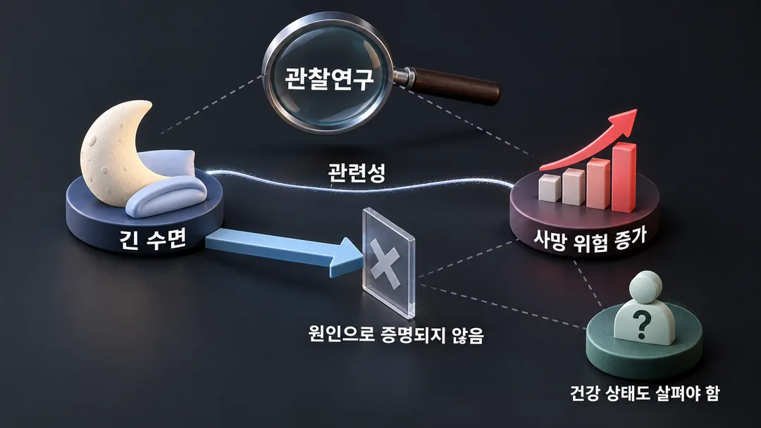 설명 그림. 관찰연구에서 긴 수면과 사망 위험 증가가 관련됐지만 긴 수면 자체가 원인으로 증명된 것은 아니며 건강 상태도 고려해야 함을 보인다.