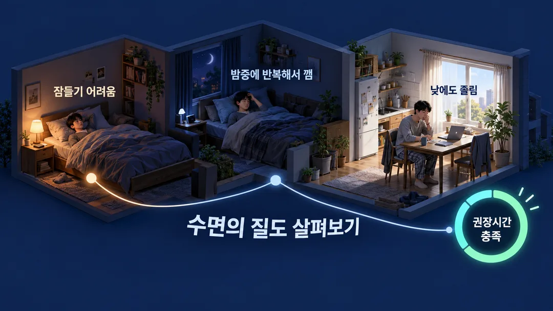 설명 그림. 권장 수면시간을 채운 표시와 별개로 잠들기 어려움, 밤중의 반복 각성, 낮의 졸림을 함께 살펴야 함을 보인다.