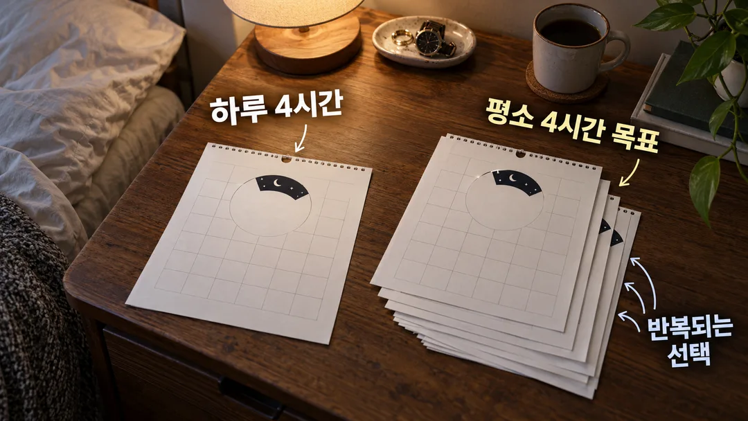 설명 그림. 달력의 하루에 표시된 4시간 수면과 여러 날 반복되는 4시간 목표를 구분한다.