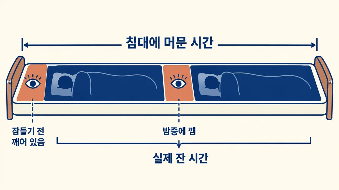 설명 그림. 침대에 머문 전체 시간 안에 잠들기 전 깨어 있는 시간과 밤중 각성이 있으며, 실제 잔 시간은 그 부분을 제외함을 보인다.