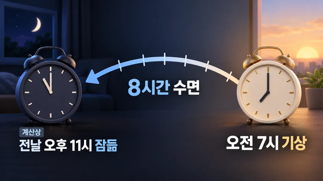 설명 그림. 오전 7시 기상에서 8시간을 역산하면 계산상 전날 오후 11시에 잠들어야 함을 보인다.