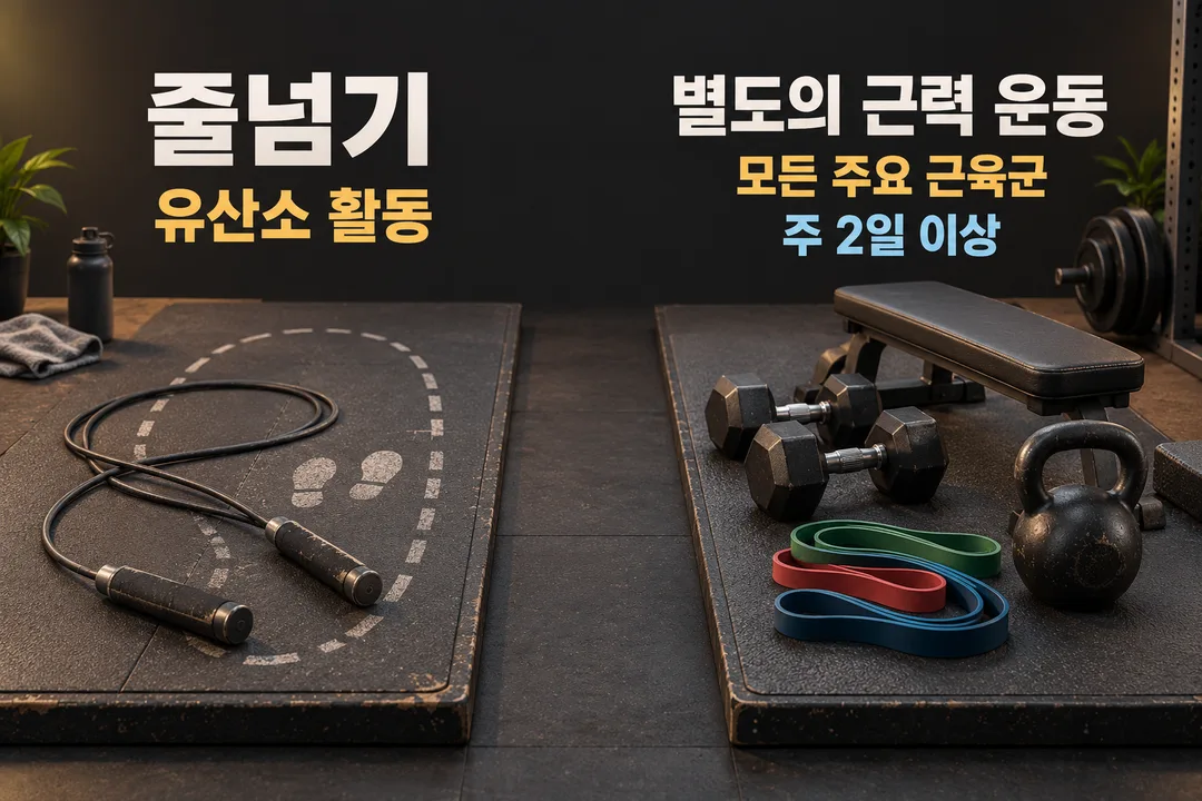 설명 그림. 줄넘기와 근력 운동을 서로 다른 운동 공간에 두고, 근력 운동에는 모든 주요 근육군을 사용하는 운동을 주 2일 이상 하라는 별도 권고를 표시했다.