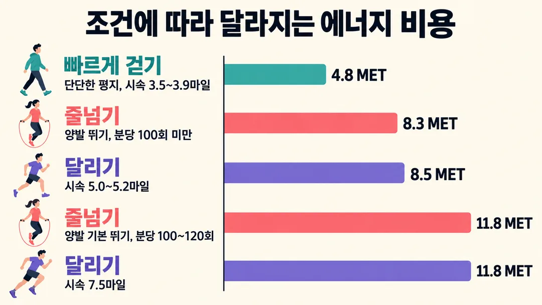 비교 그림. 빠른 걷기 4.8 MET, 느린 줄넘기 8.3 MET, 느린 달리기 8.5 MET, 보통 속도 줄넘기와 더 빠른 달리기 각각 11.8 MET를 동작·속도 조건과 함께 같은 눈금에 놓았다.