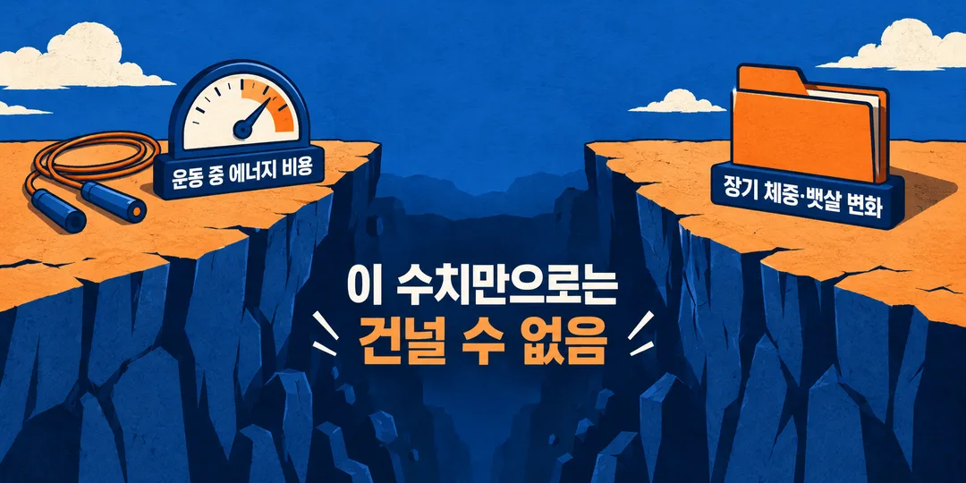 개념 그림. 운동 중 에너지 비용을 나타내는 왼쪽 발판과 장기 체중·뱃살 변화를 나타내는 오른쪽 발판 사이에 건널 수 없는 간격이 있다. MET만으로 장기 감량의 우월성을 확정할 수 없다는 뜻이다.