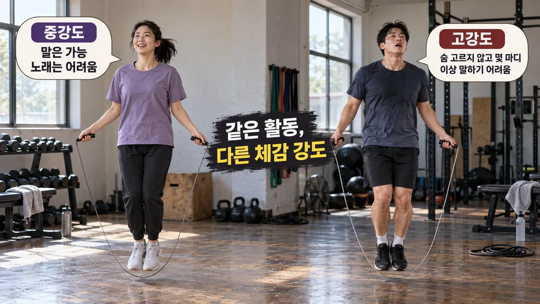 설명 그림. 같은 줄넘기 동작을 하는 가상의 두 사람 중 한쪽은 말은 할 수 있지만 노래하기 어려운 중강도로, 다른 쪽은 숨을 고르지 않고 몇 마디 이상 말하기 어려운 고강도로 느끼는 모습을 대비했다.