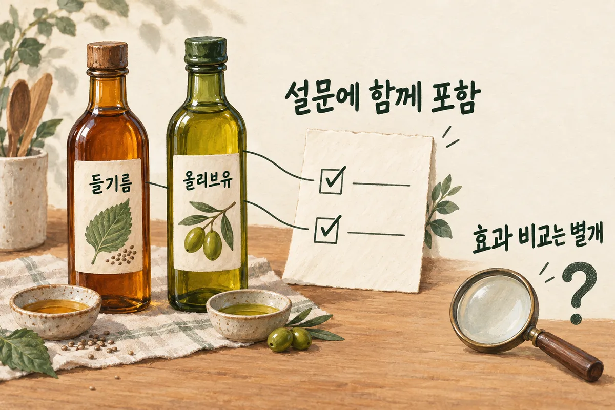 들기름과 올리브유 병이 한 설문지의 두 항목으로 연결되지만 효과 비교까지 이어지지는 않는 근거 범위 설명 그림