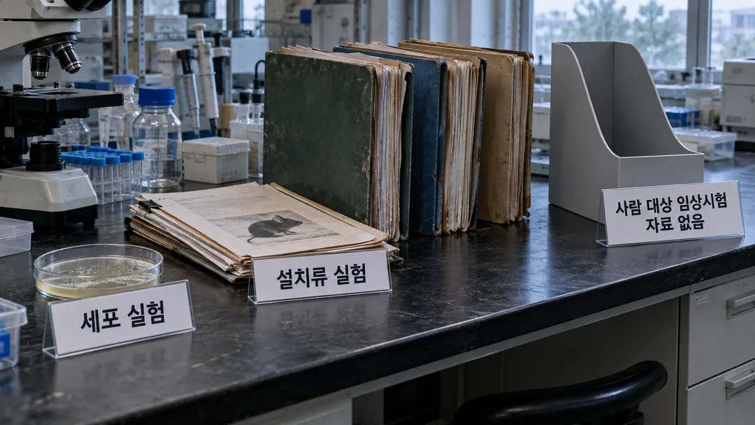 세포와 설치류 연구 기록이 쌓인 실험대에서 사람 대상 임상시험 기록 칸으로 이어지는 구간이 비어 있는 생성 설명 그림.