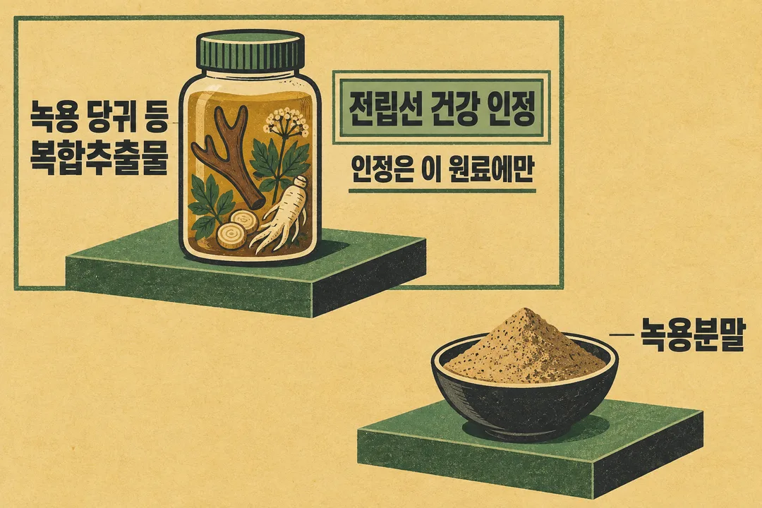 인정 표식이 특정 녹용 당귀 등 복합추출물에만 붙어 있고 별도의 녹용분말에는 옮겨가지 않는 생성 설명 그림.